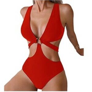 Favnac Womens Small Sexy Red Deep V Neck One Piece Swimsuit O-Ring Cut Out